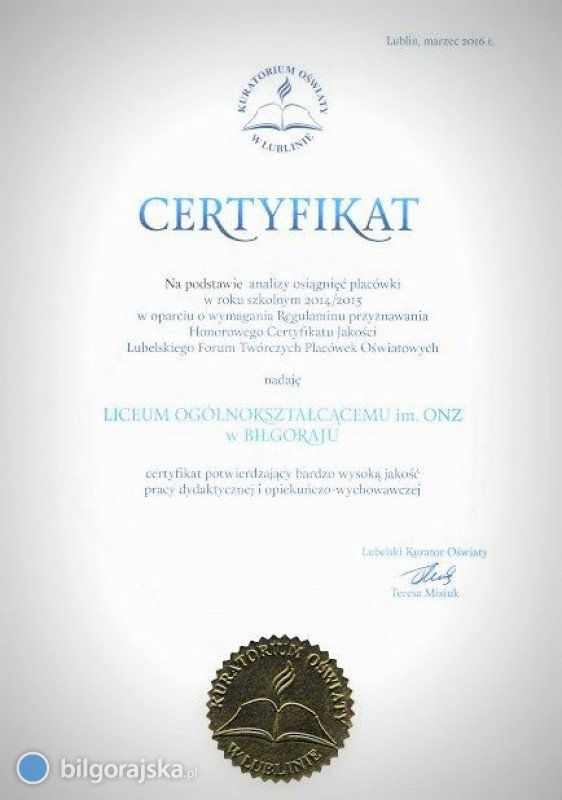 Honorowy Certyfikat Jakoci dla LO im. ONZ w Bigoraju