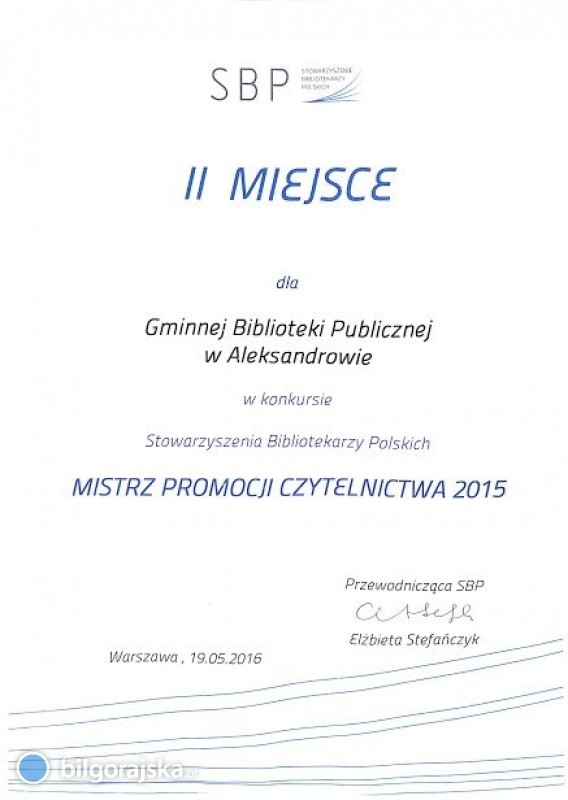 "Mistrz Promocji Czytelnictwa" dla GBP w&nbsp;Aleksandrowie