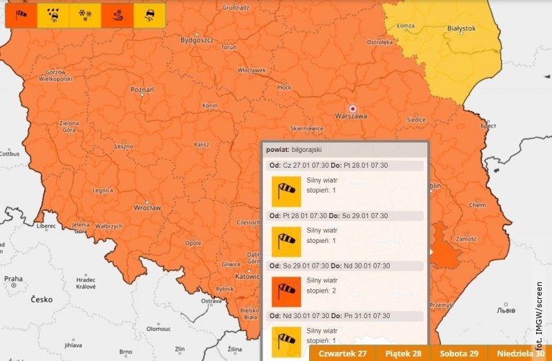 Ostrzeenie o bardzo silnym wietrze, moliwe nawet burze