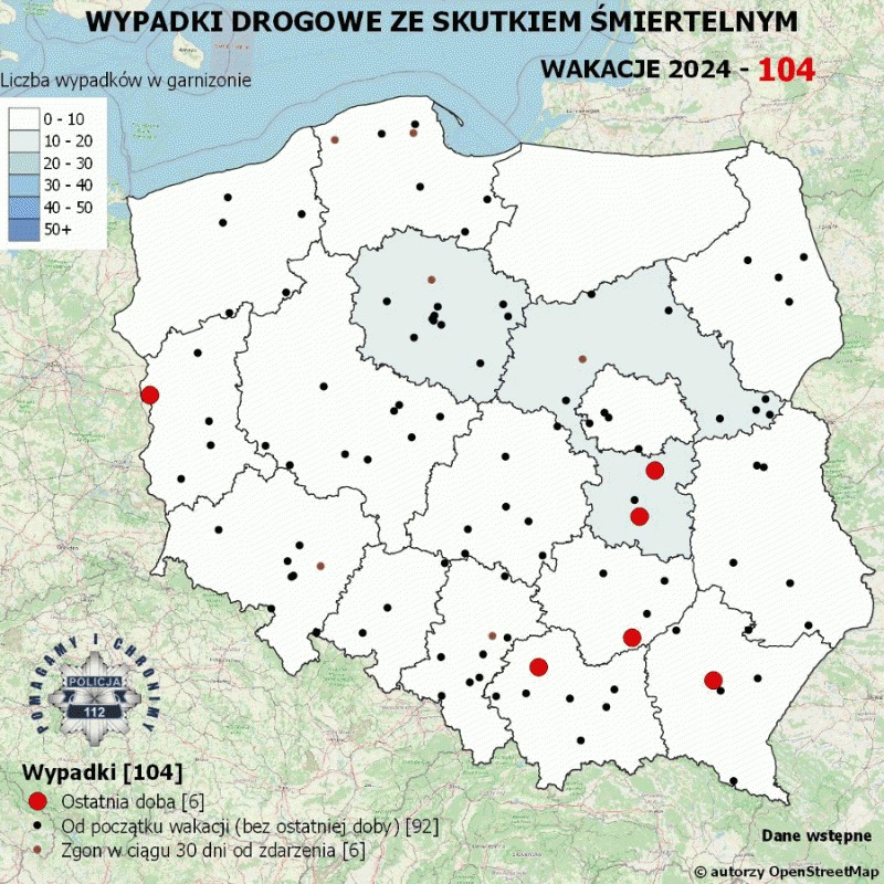 104 wypadki ze skutkiem miertelnym od pocztku wakacji